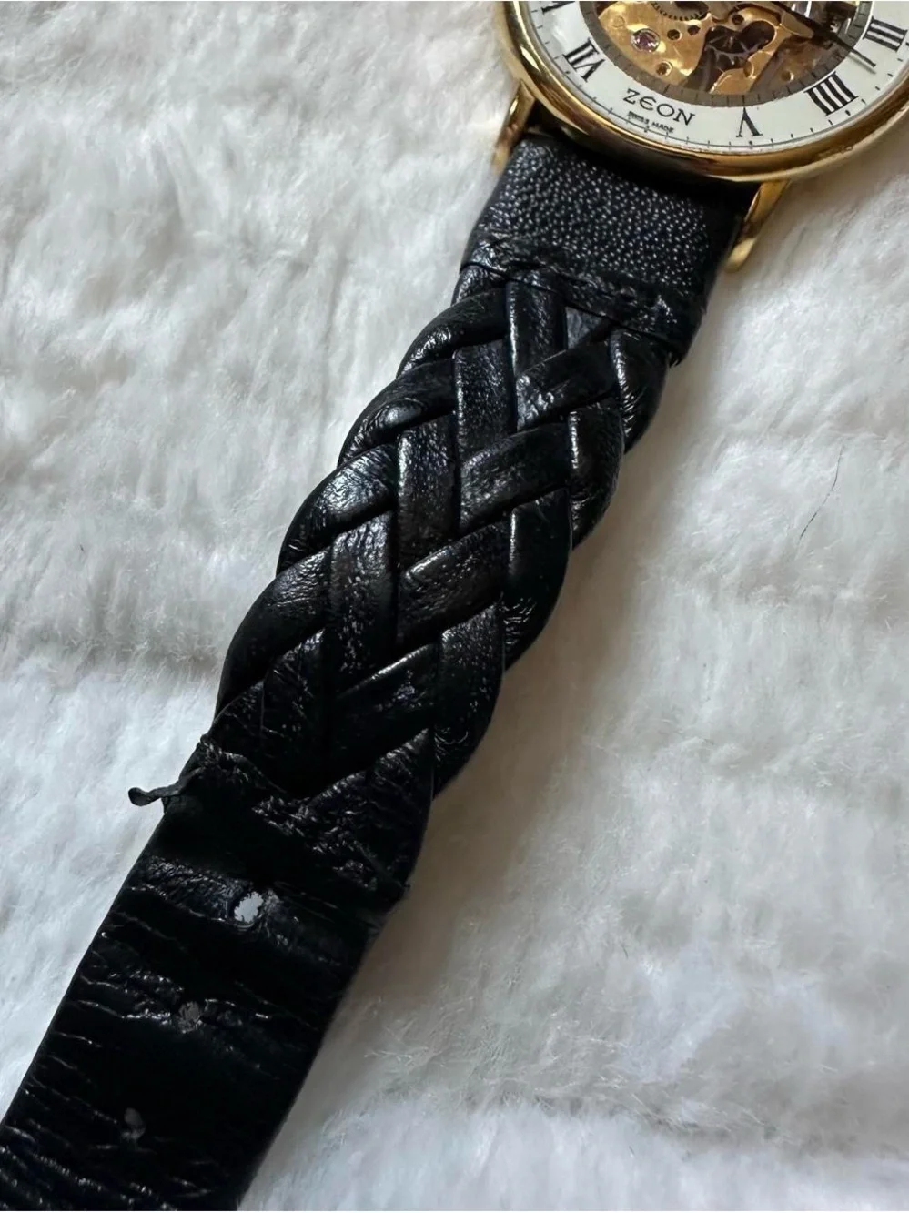 Vintage Men’s Zeon Gold Skeleton Dial Watch with Black Leather Strap